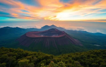 Majestic Mount Rinjani with its crater and surrounding rainforest during sunrise, showcasing natural beauty and volcanic terrain.