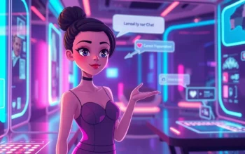 Futuristic AI chat interface with a female avatar and colorful digital visuals