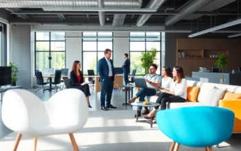 Modern workspace with professionals collaborating, highlighting IIII in a vibrant business