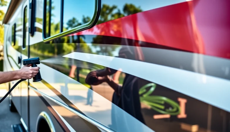 Expert applying Wohnmobil Politursiegelung on a shiny motorhome for long-lasting protection