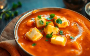 Close-up of a ready to eat paneer Makhani gravy base served in a bowl with fresh herbs,